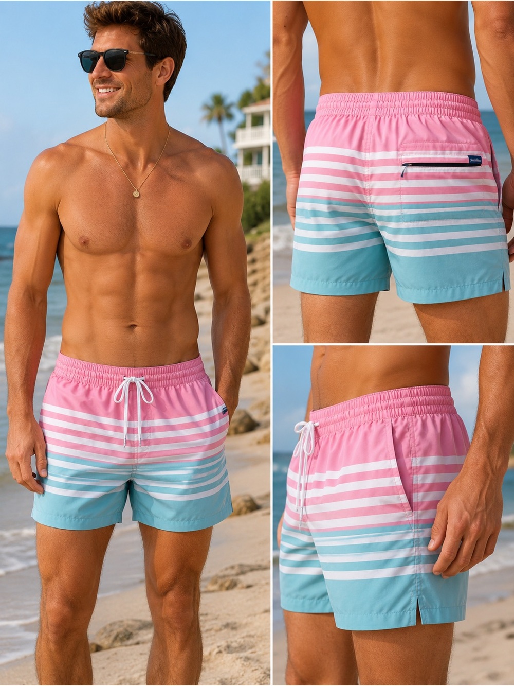 Chubbies Swim Trunks Men’s Medium Pink Blue Striped 5.5” Lined Beach Shorts